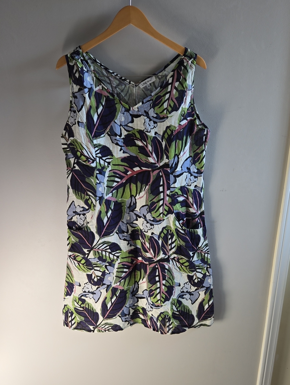 Linen Luv Purple and Green Floral Tank Dress Linen Size Medium